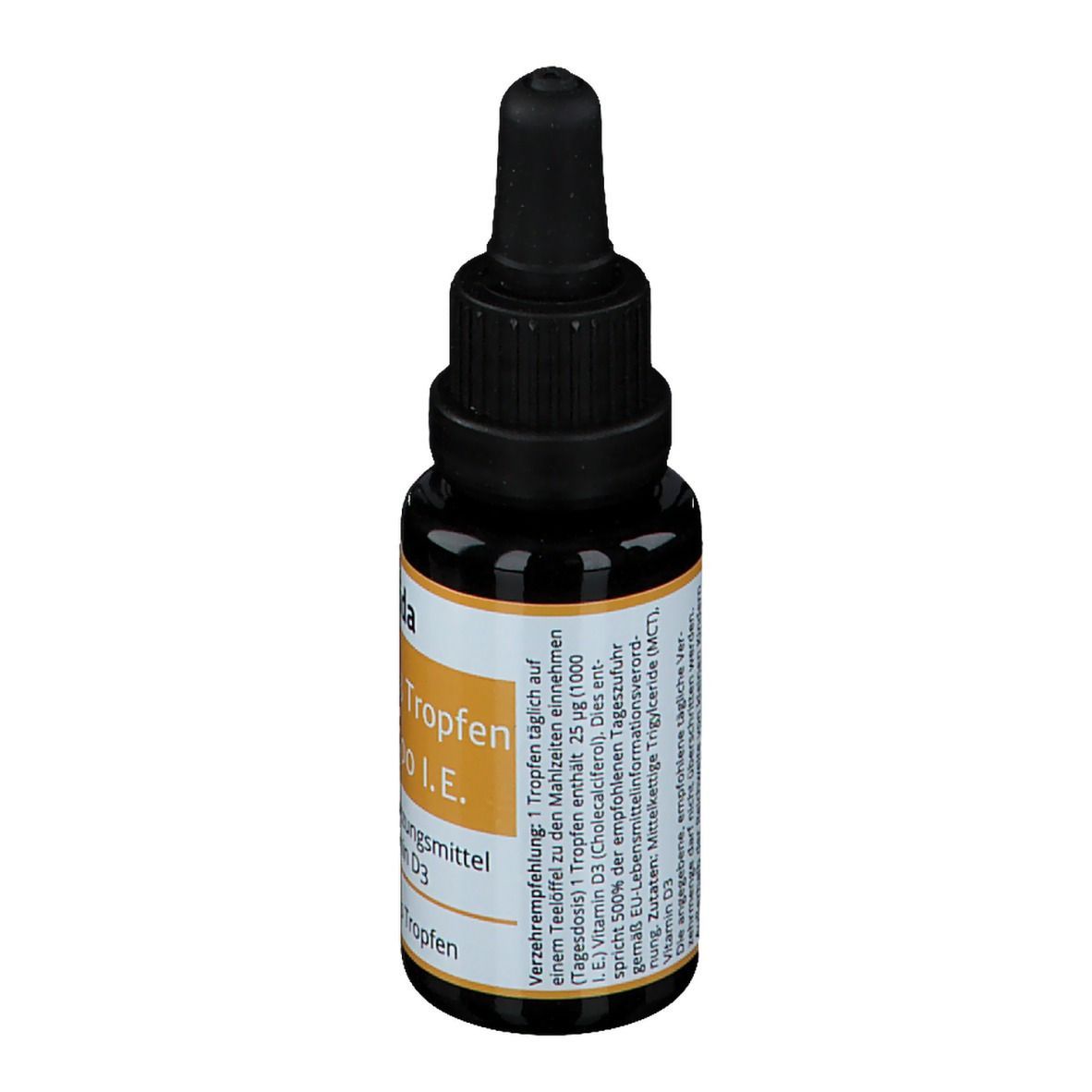 Braune Glasflasche mit schwarzem Tropfer. Aufschrift: Casida Vitamin D3 Tropfen Vital 1000 I.E. Nahrungsergänzungsmittel.