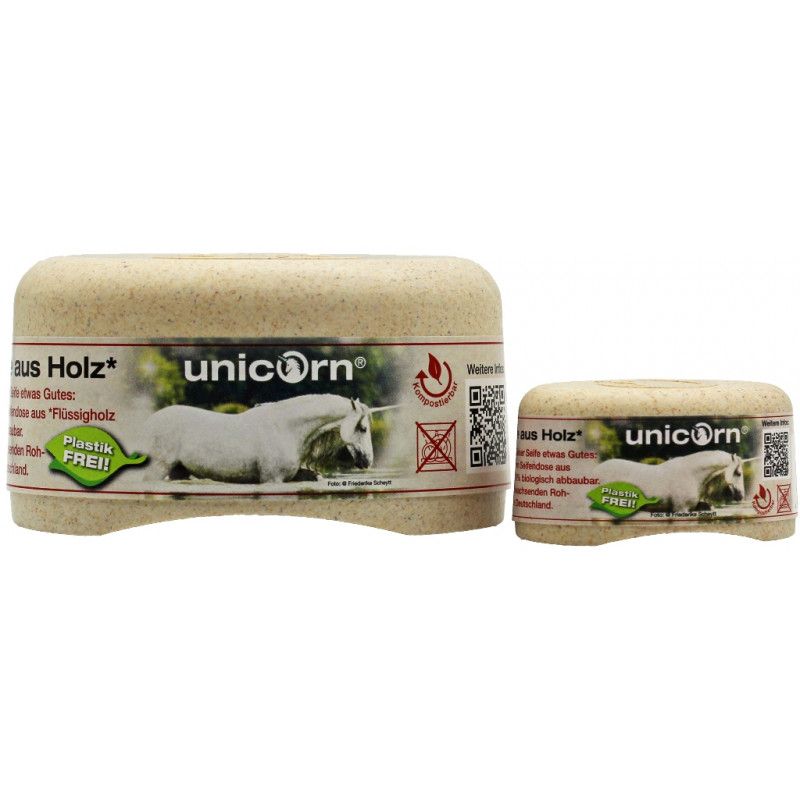 Zwei rechteckige, beige Seifendosen. Aufschrift: "unicorn", "aus Holz", Plastik FREI! Bild eines Einhorns.