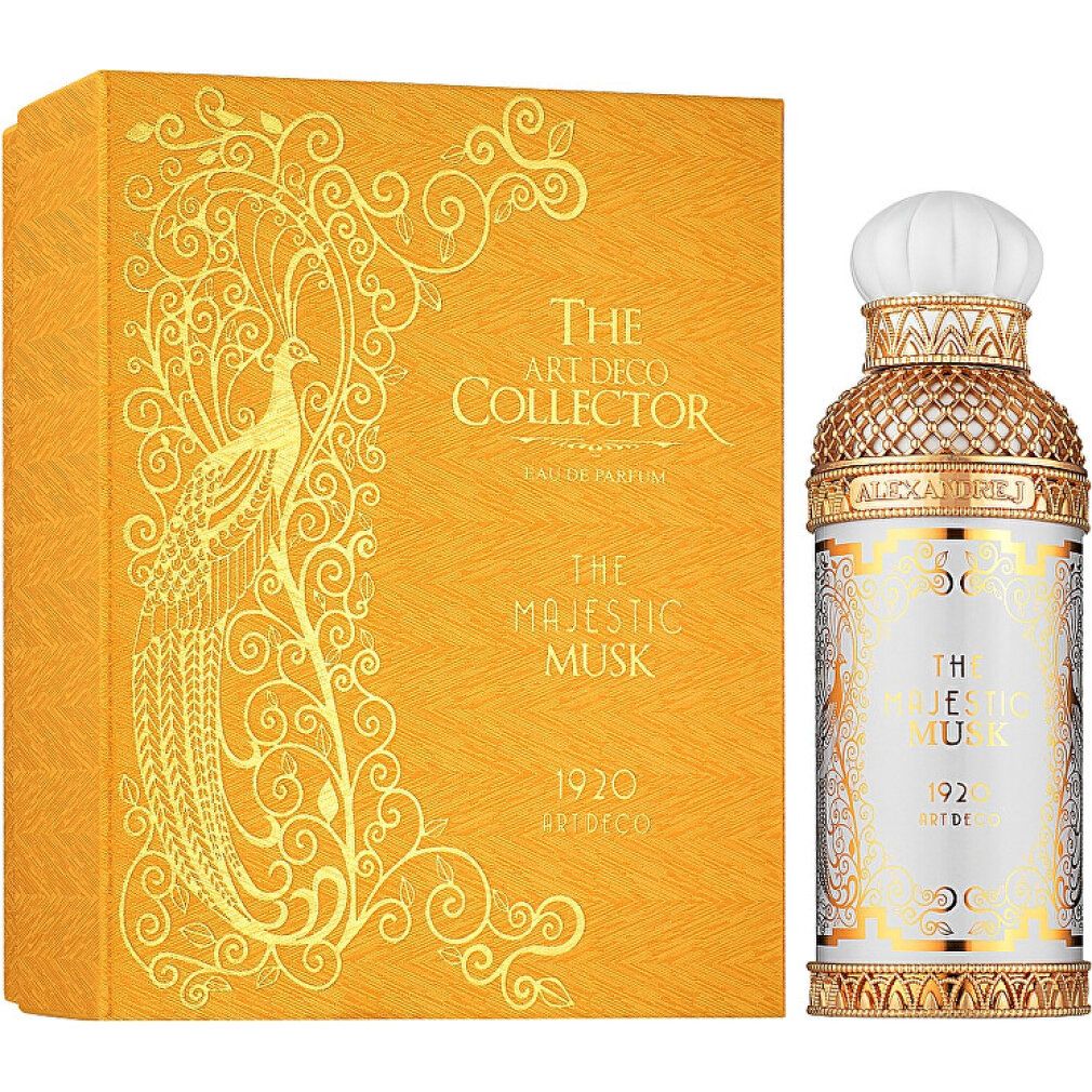 Gelbe Verpackung mit goldenem Pfau-Design und Parfümflasche. Aufschrift: The Art Deco Collector, The Majestic Musk, 1920 Art Deco.