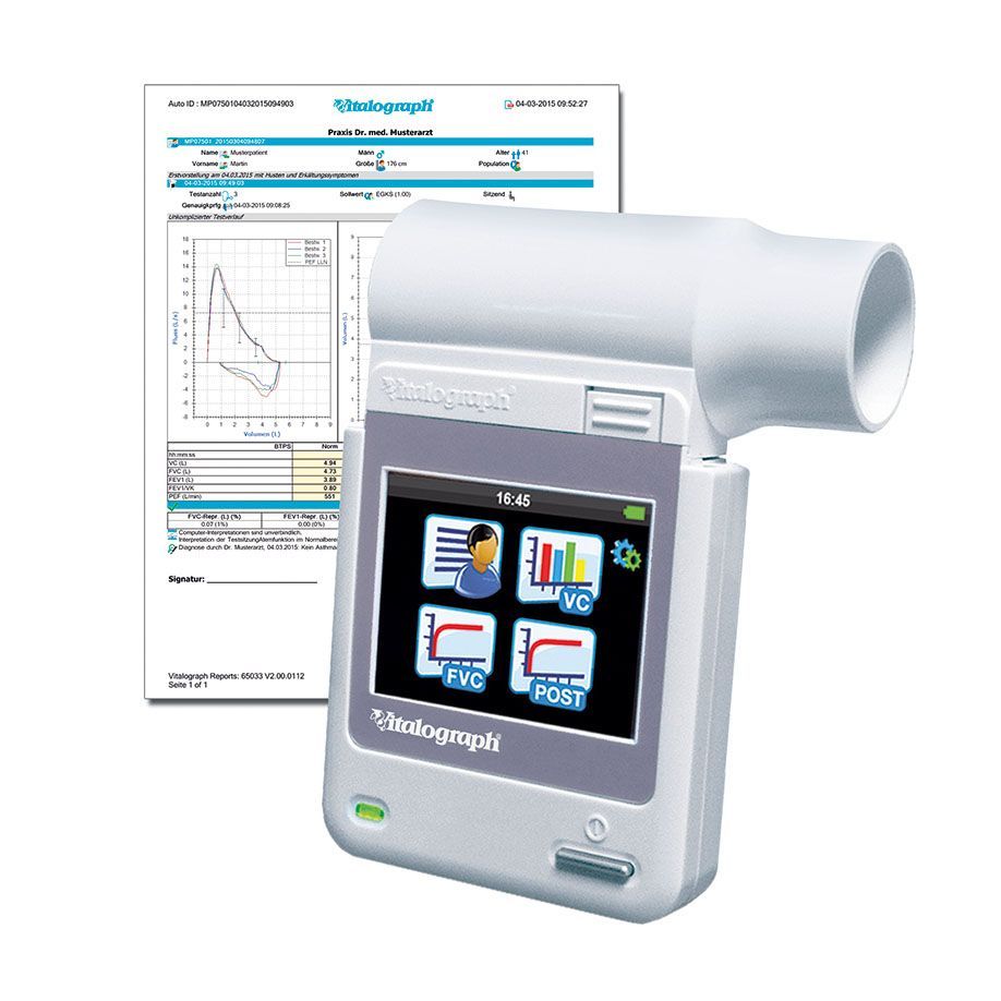 Hand-Spirometer mit Display und Mundstück. Neben dem Gerät liegt ein Ausdruck mit Diagrammen. Das Gerät hat das Logo Vitalograph.