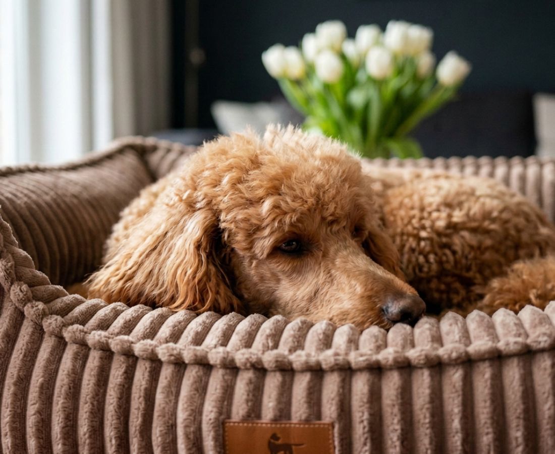 Pudel ruht sich in einem braunen Cord-Hundebett aus, Nahaufnahme.