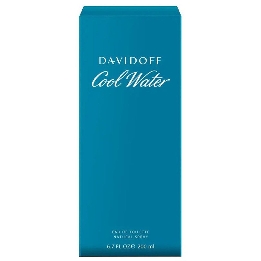 Davidoff Cool Water Verpackung. Blaue rechteckige Schachtel. Text: Davidoff Cool Water, Eau de Toilette Natural Spray.