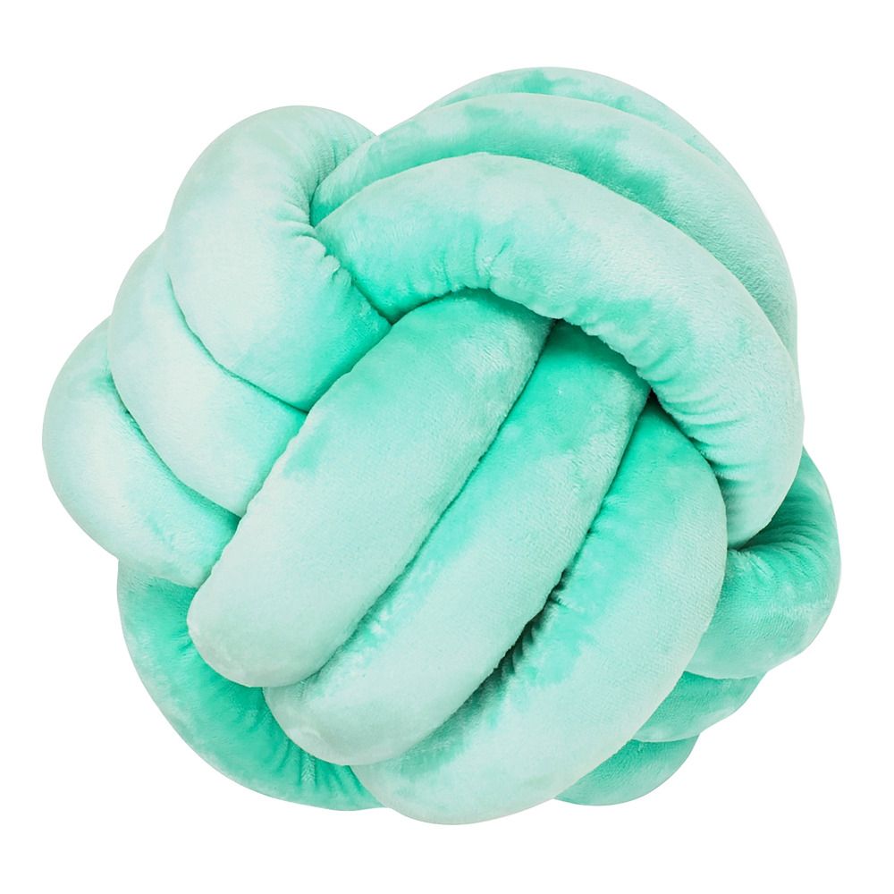 Hellgrüner, knotenförmiger Plüschball. Weiches Material, runde Form. Detailansicht des verknoteten Designs.