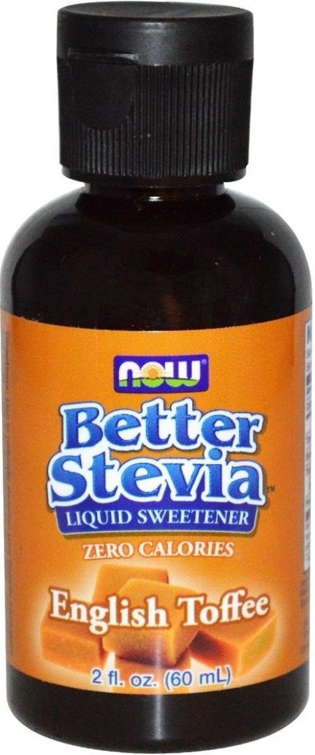 Braune Flasche mit schwarzem Deckel. Aufschrift: Better Stevia, English Toffee. Flüssiger Süßstoff, 60 ml.