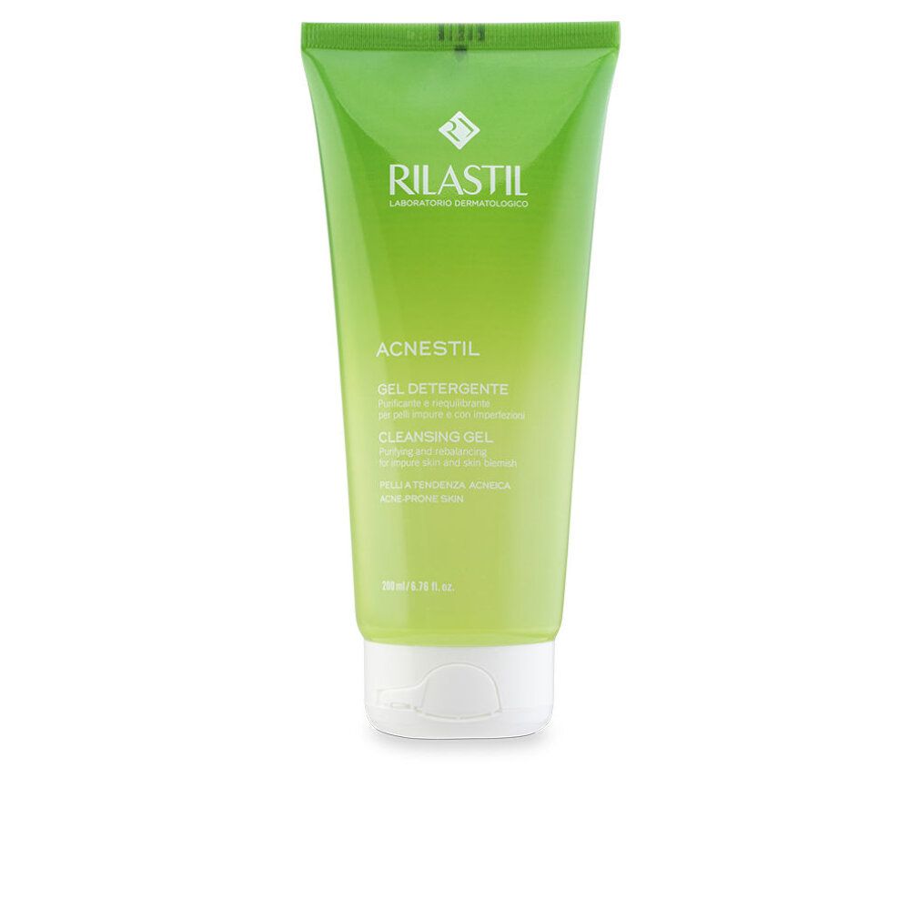 Grüne Tube RILASTIL Acnestil. Text: Gel detergente, Cleansing Gel. Für unreine Haut.