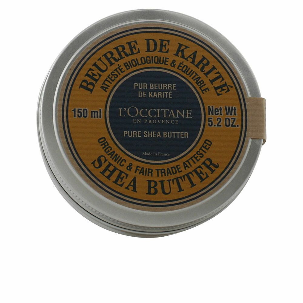 Runde Dose mit gelbem Deckel. Aufschrift: "Beurre de Karité", "Pure Shea Butter". Marke: L'Occitane. Zertifizierungen sichtbar.