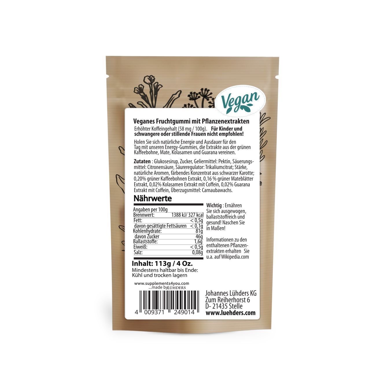Rückseite der Lühders Botanical Gummies Energy Verpackung. Text: Vegan, Zutaten, Nährwerte, Inhalt 113g/4 Oz, Johannes Lühders KG.