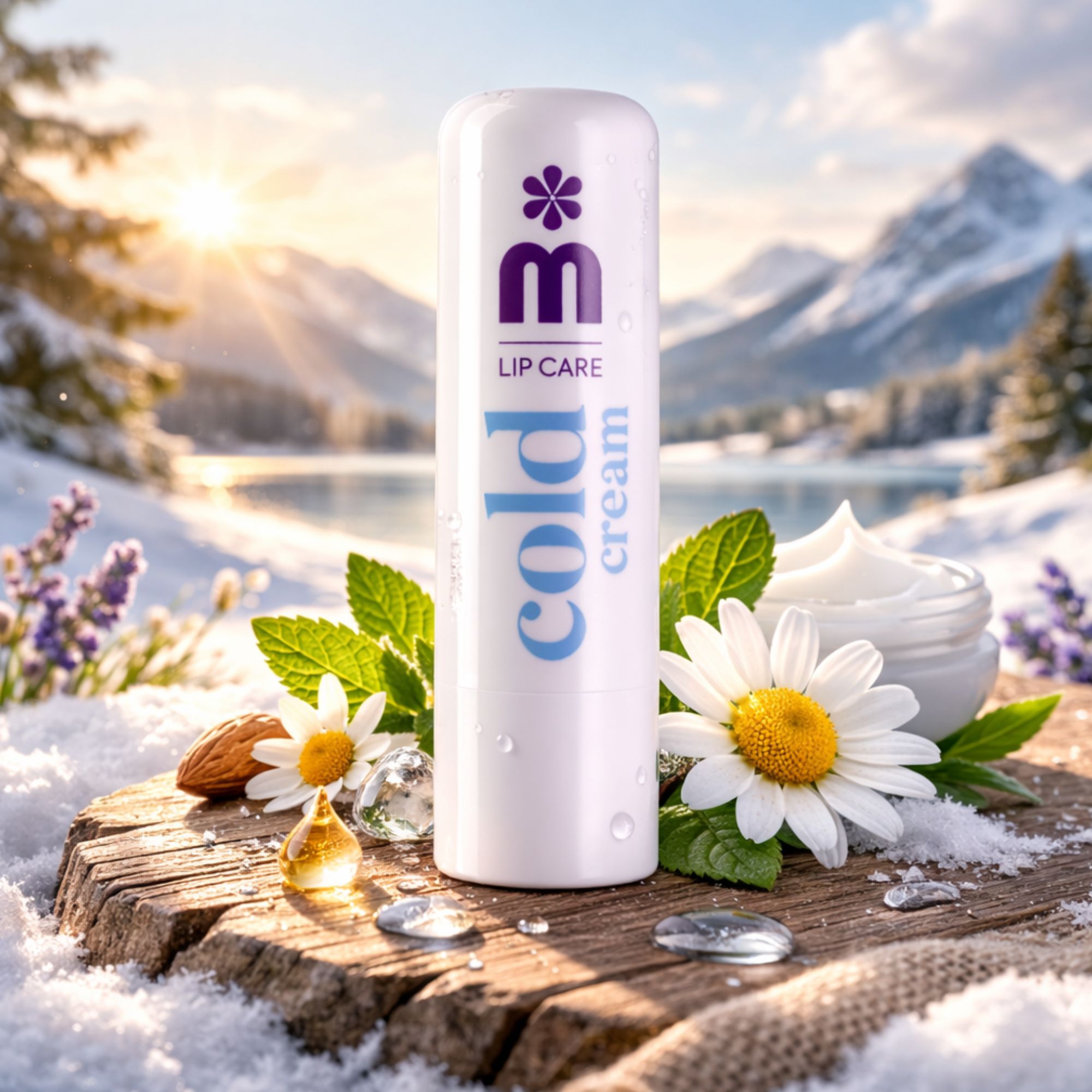 Weißer Lippenbalsam-Stift vor einer Winterlandschaft mit Schnee, Blumen und Wasser.