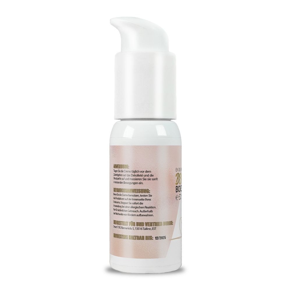 Rückseite der Creme-Flasche. Text in deutscher Sprache. Rosa Hintergrund. Informationen zu Inhaltsstoffen und Hersteller.