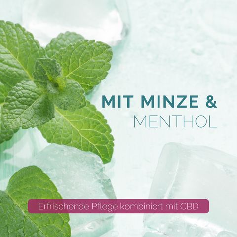 Minze und Eiswürfel. Text: Mit Minze & Menthol. Erfrischende Pflege mit CBD.