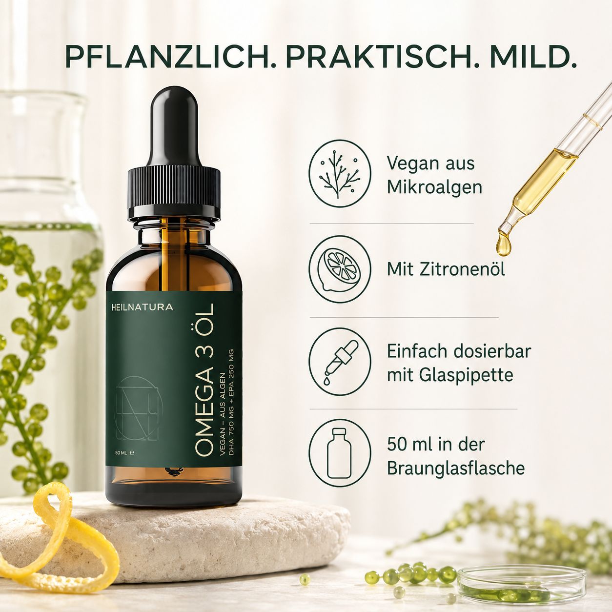 Flasche Omega-3 Algenöl mit Pipette. Icons: vegan, Zitrone, einfache Dosierung, 50ml.