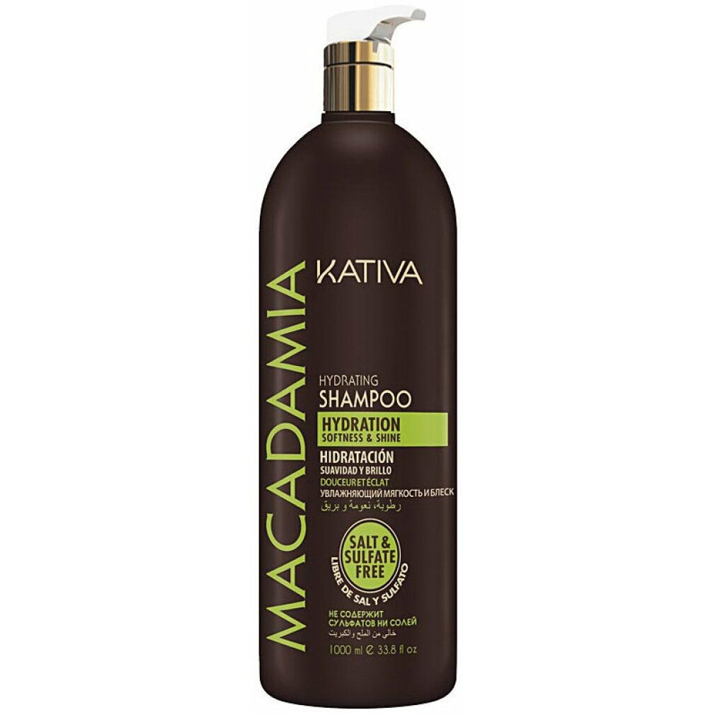 Braune Shampoo-Flasche mit weißem Pumpkopf. Aufschrift: Kativa Macadamia Hydrating Shampoo. Grün markiert: Hydratation, Sanftheit & Glanz. Ohne Salz & Sulfate.