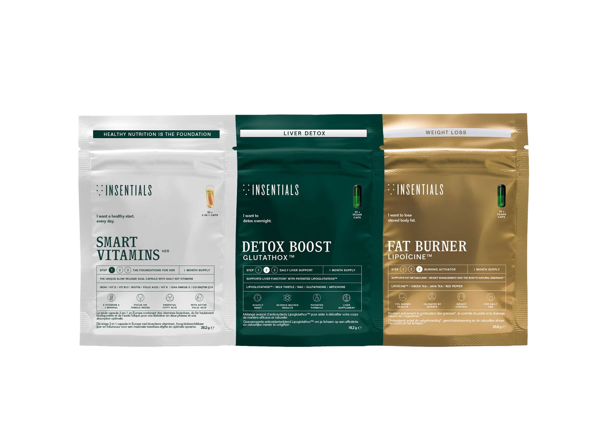 Drei Beutel: Smart Vitamins, Detox Boost, Fat Burner. Text: Insentials. Farben: Weiß, Grün, Gold.