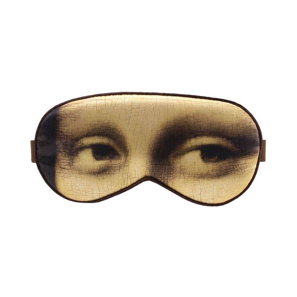 Schlafmaske mit Mona Lisa-Motiv. Braune Umrandung und Gummiband.