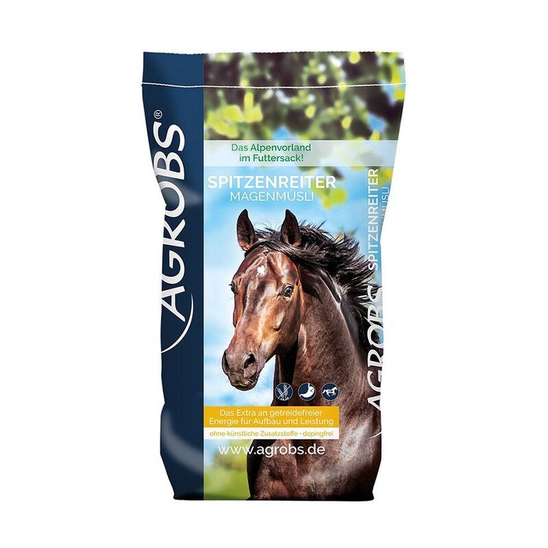 Verpackung von Agrobs Spitzenreiter Magenmüsli. Abbildung eines Pferdekopfes. Text: Spitzenreiter Magenmüsli, Agrobs, www.agrobs.de.