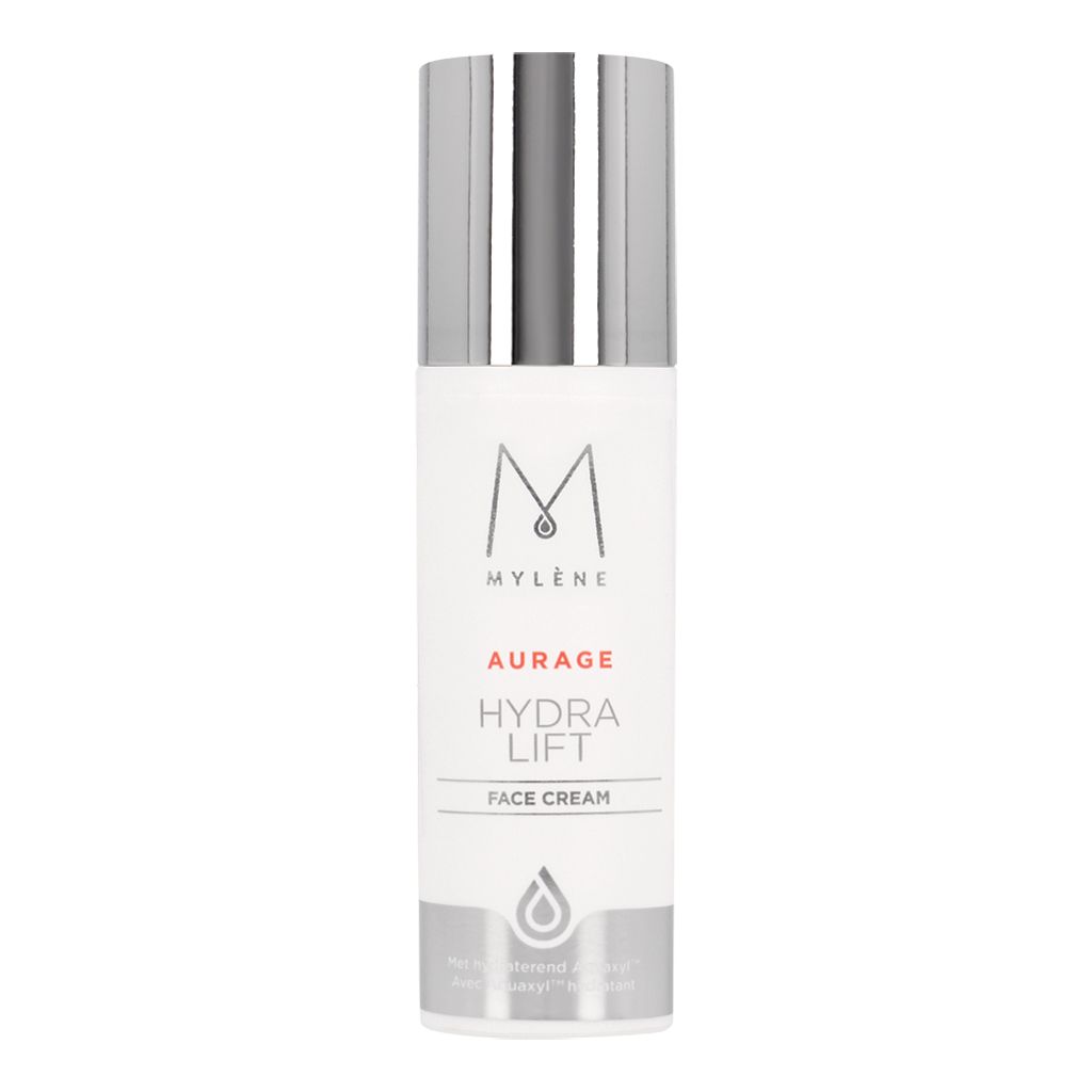 Gesichtscreme-Flakon mit silbernem Deckel. Aufschrift: MYLÈNE, AURAGE, HYDRA LIFT, FACE CREAM. Weißes Etikett mit Logo und Produktbezeichnung.