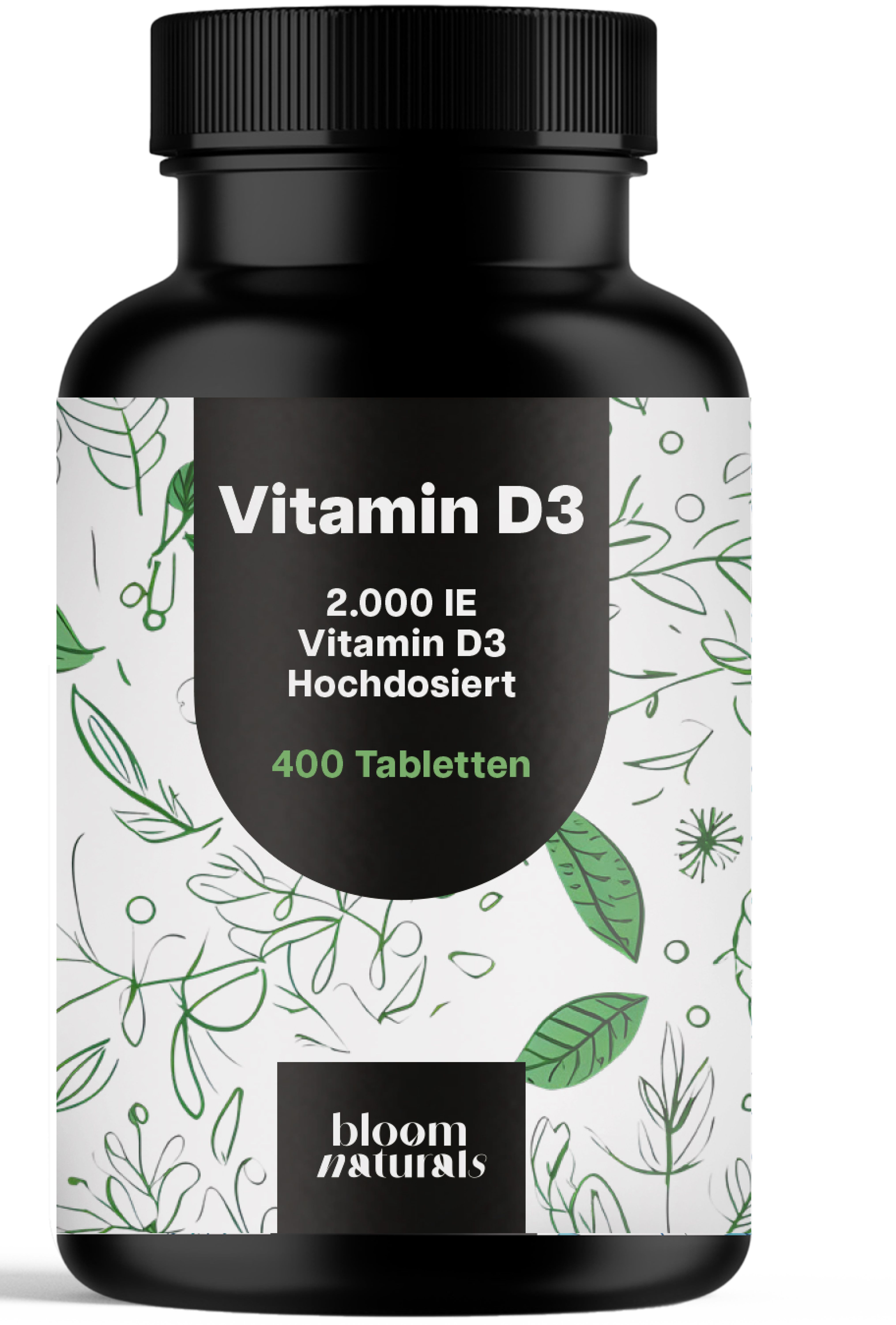 Schwarze Flasche mit Vitamin D3 Tabletten. Aufschrift: Vitamin D3 2.000 IE, 400 Tabletten. Marke: Bloom Naturals.