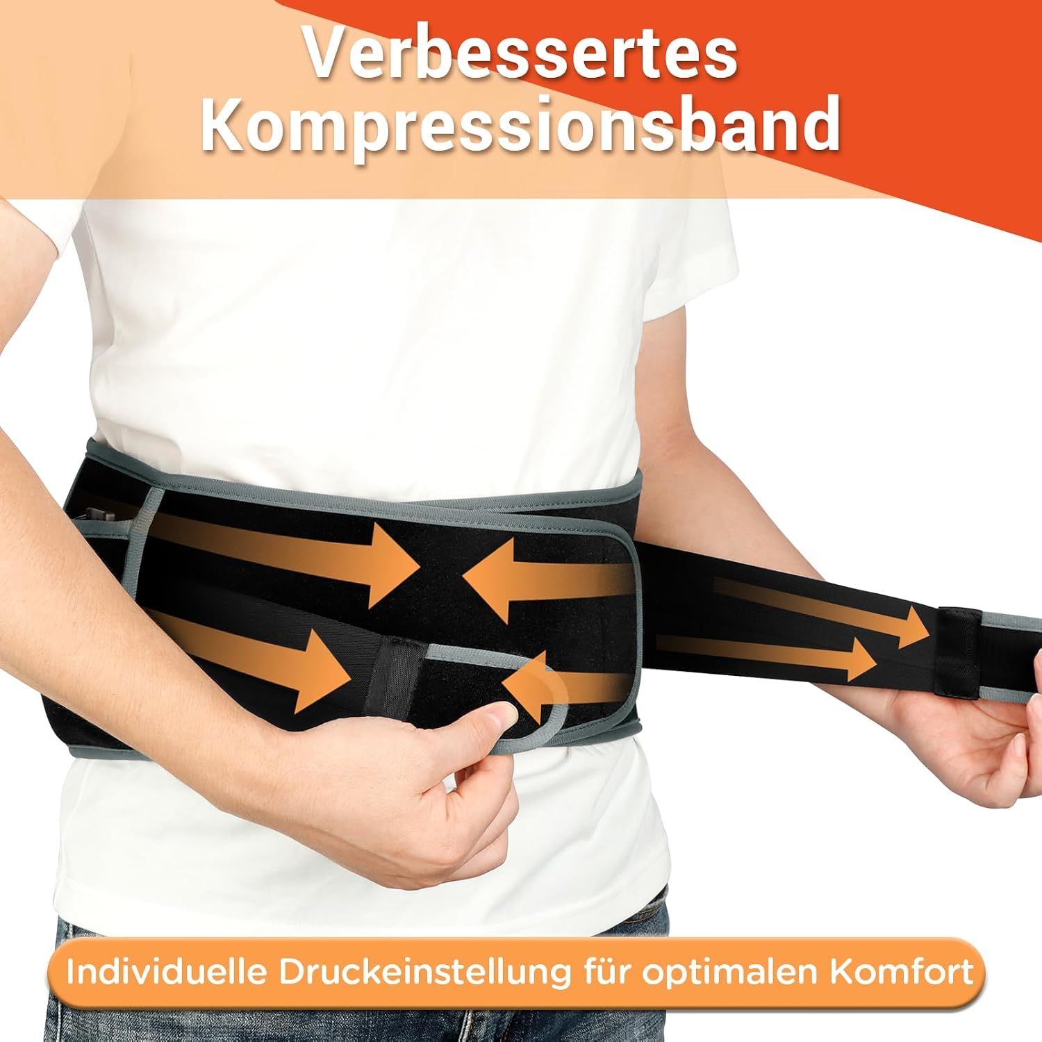 Person passt einen schwarzen Lendenwirbelstützgurt mit Pfeilen an, die Kompression anzeigen.
