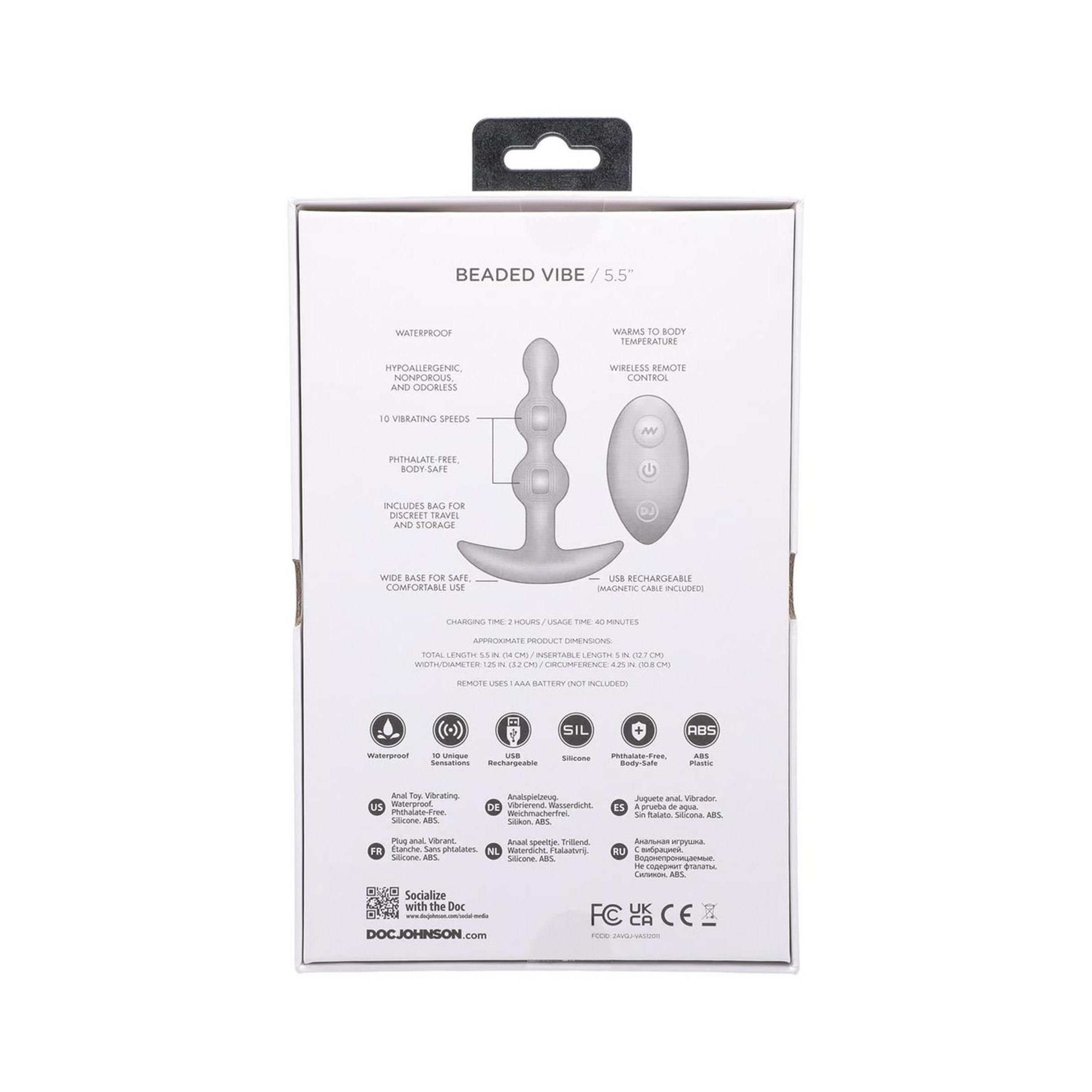 Rückseite der Verpackung. Produkt: Beaded Vibe / 5.5". Informationen zu Materialien, Aufladung, wasserdicht, und Zertifizierungen.