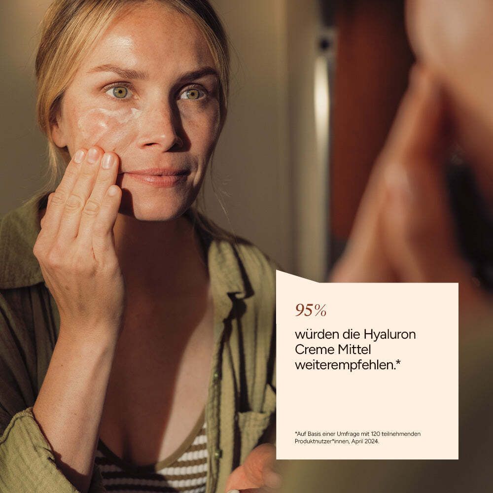 Frau trägt Creme auf. Text: 95% würden Hyaluron Creme Mittel weiterempfehlen. Hintergrund: Spiegel.