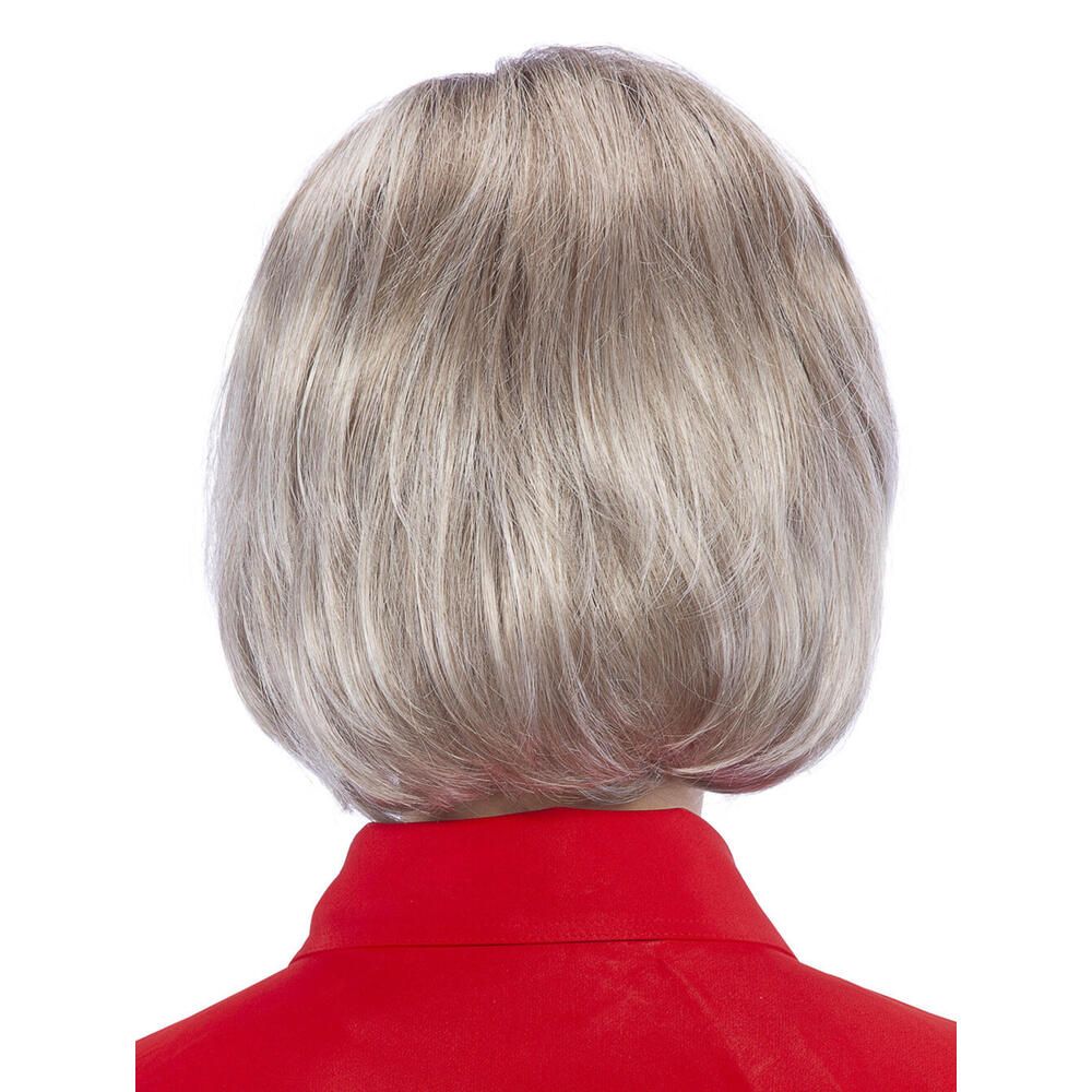 Perücke STOCKHOLM. Blond-graue Bob-Frisur. Rückansicht einer Person mit rotem Oberteil.