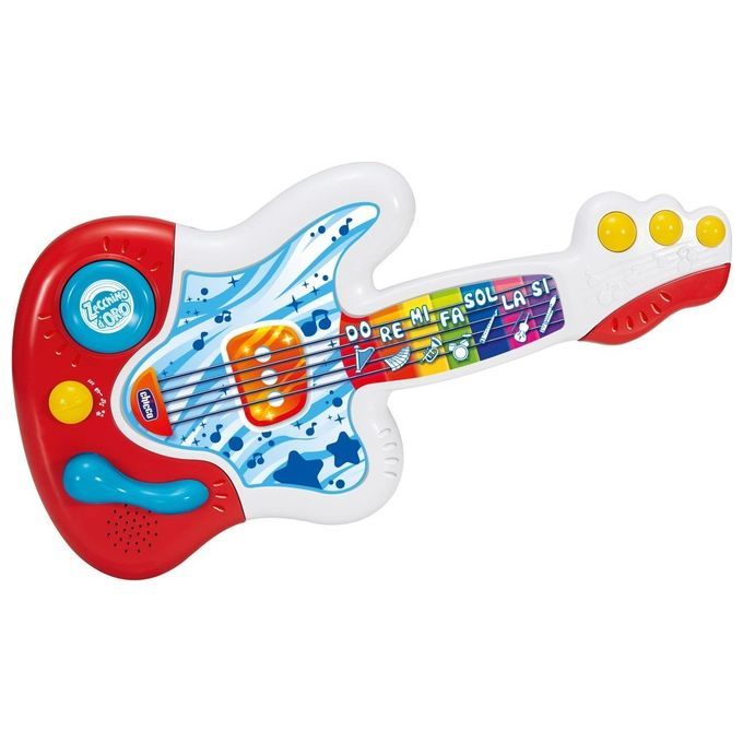 Chitarra giocattolo rossa, bianca e blu. Con note colorate e pulsanti. Scritta "Zecchino d'Oro".