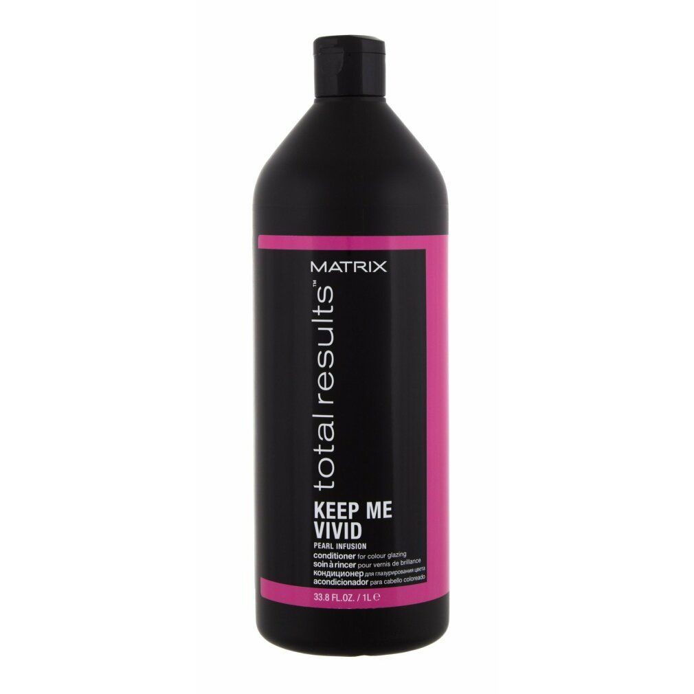 Schwarze Flasche mit rosa Etikett. Aufschrift: MATRIX total results KEEP ME VIVID. Conditioner für coloriertes Haar.