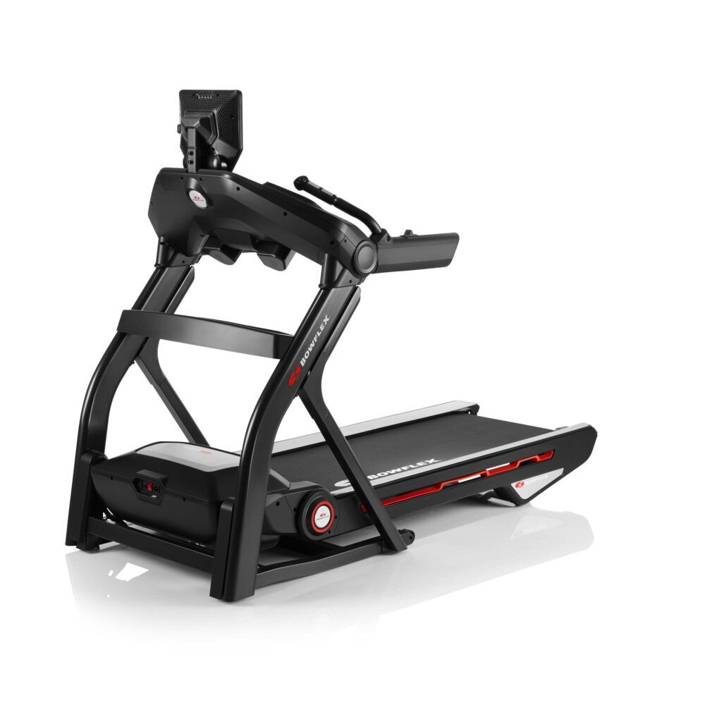 Laufband T25. Schwarzes Design mit roten Akzenten. Konsole mit Bildschirm. Bowflex-Logo.