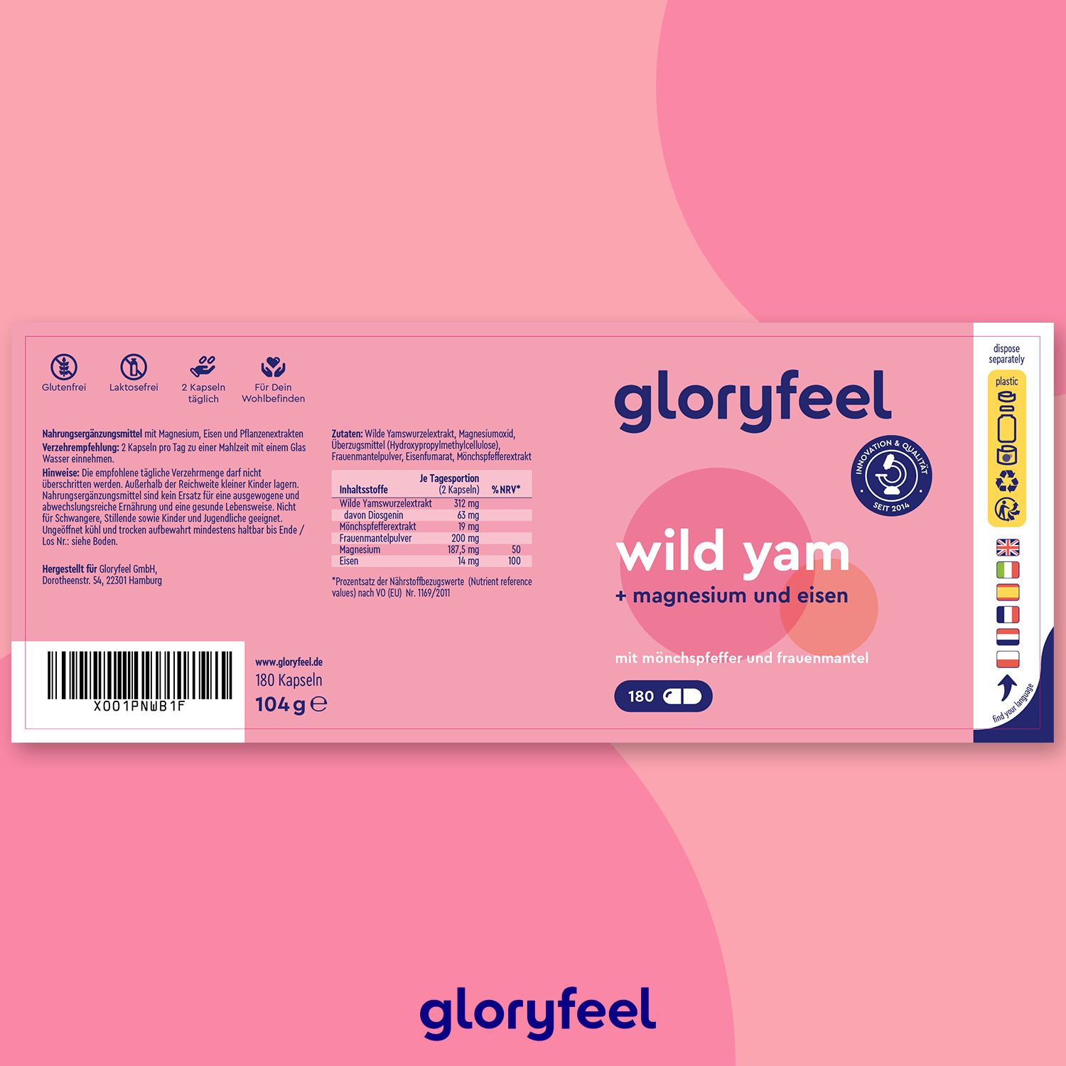 gloryfeel ® Wild Yam + Mönchspfeffer & Frauenmantel mit Magnesium Eisen Kapseln 180 St