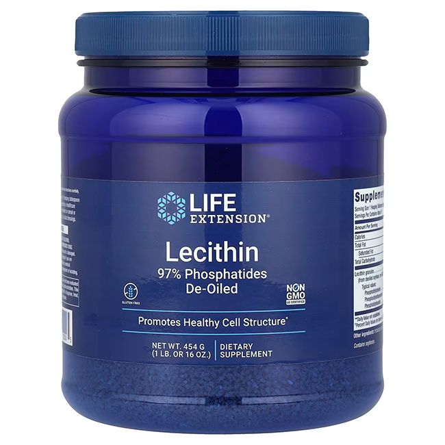 Life Extension Lecithin Pulver in blauem Behälter mit blauem Deckel. Etikett zeigt '97% Phosphatides De-Oiled'.