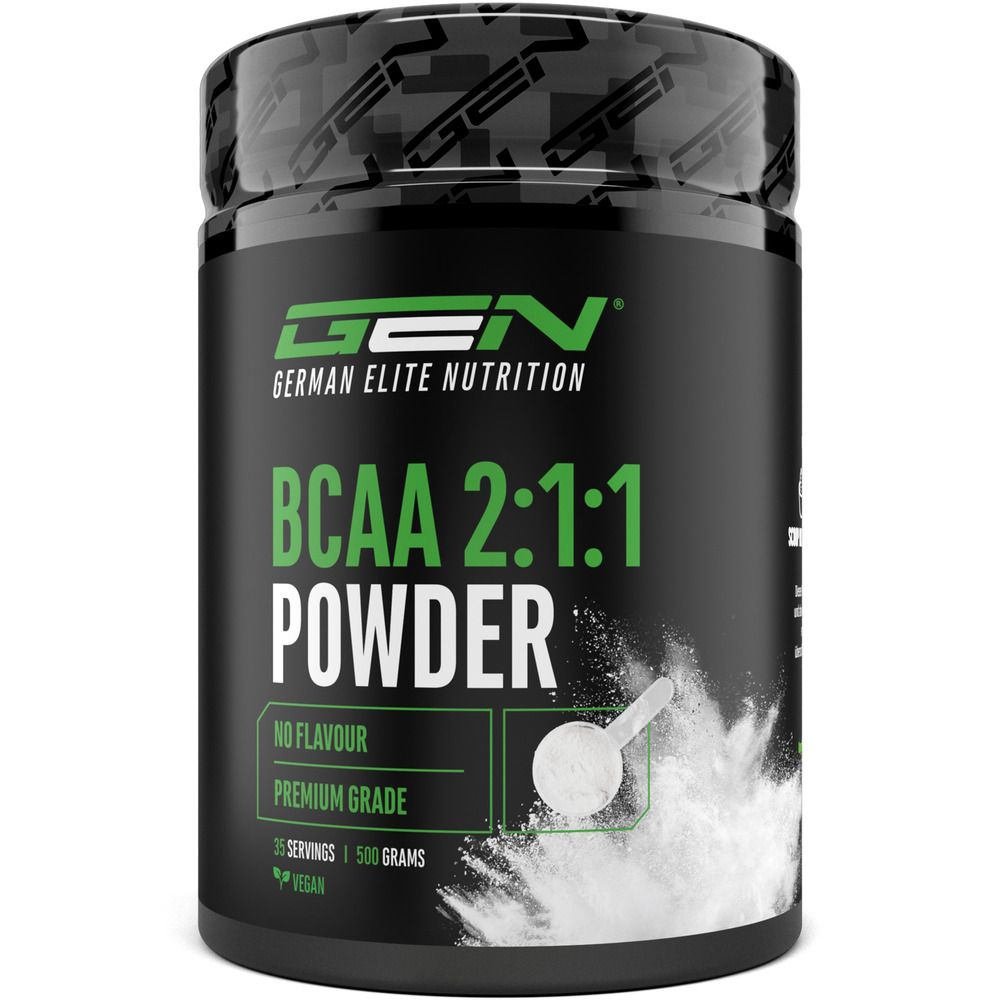 Dose GEN BCAA 2:1:1 Powder. Text: German Elite Nutrition, No Flavour, Premium Grade, 35 Servings, 500 Grams, Vegan. Löffel mit Pulver.