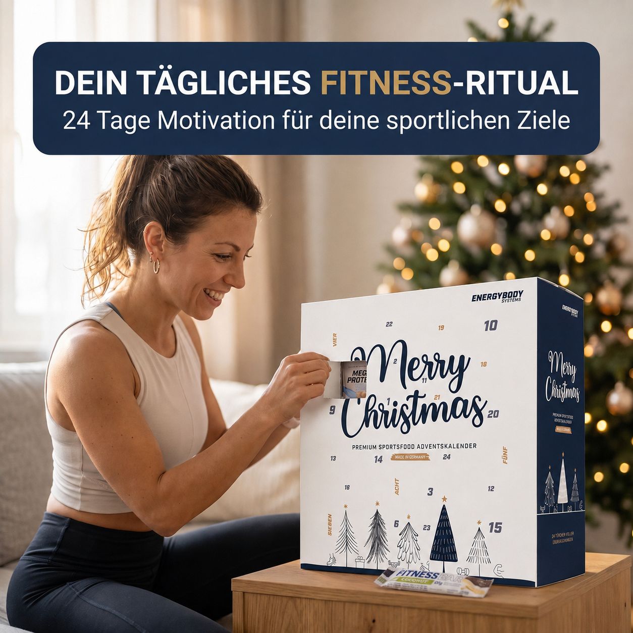 Frau öffnet Adventskalender mit Sportnahrung für tägliche Fitness-Motivation.