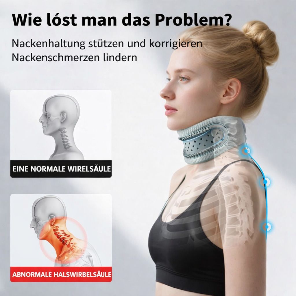 Nackenstütze, grau. Frau mit Stütze, daneben Röntgenbild der Wirbelsäule. Text: Nackenhaltung stützen und korrigieren.