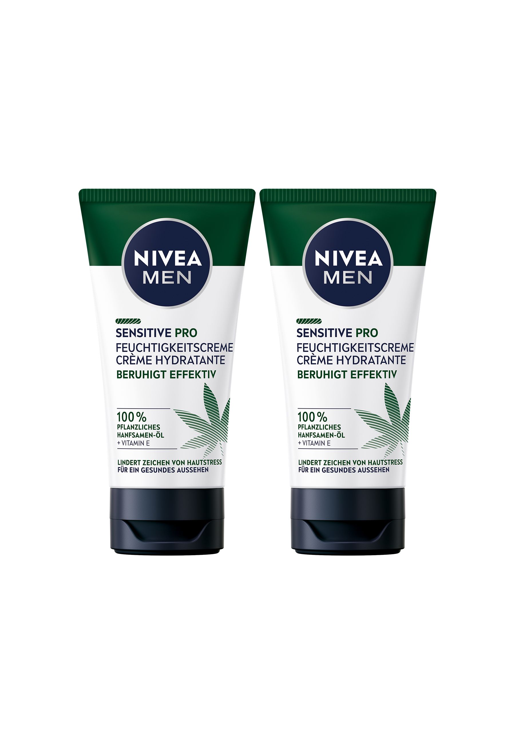 Zwei Tuben NIVEA MEN Sensitive Pro Feuchtigkeitscreme. Grün-weiße Verpackung, Hanfblatt-Design.