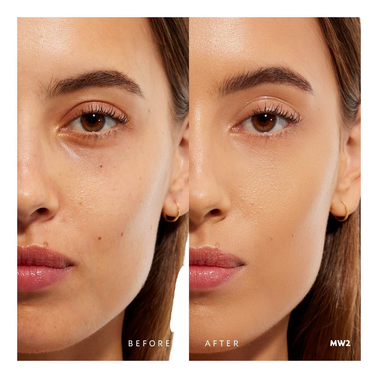 Vorher-Nachher-Vergleich. Gesicht einer Frau vor und nach dem Auftragen von Foundation. Deutliche Verbesserung des Hautbildes.