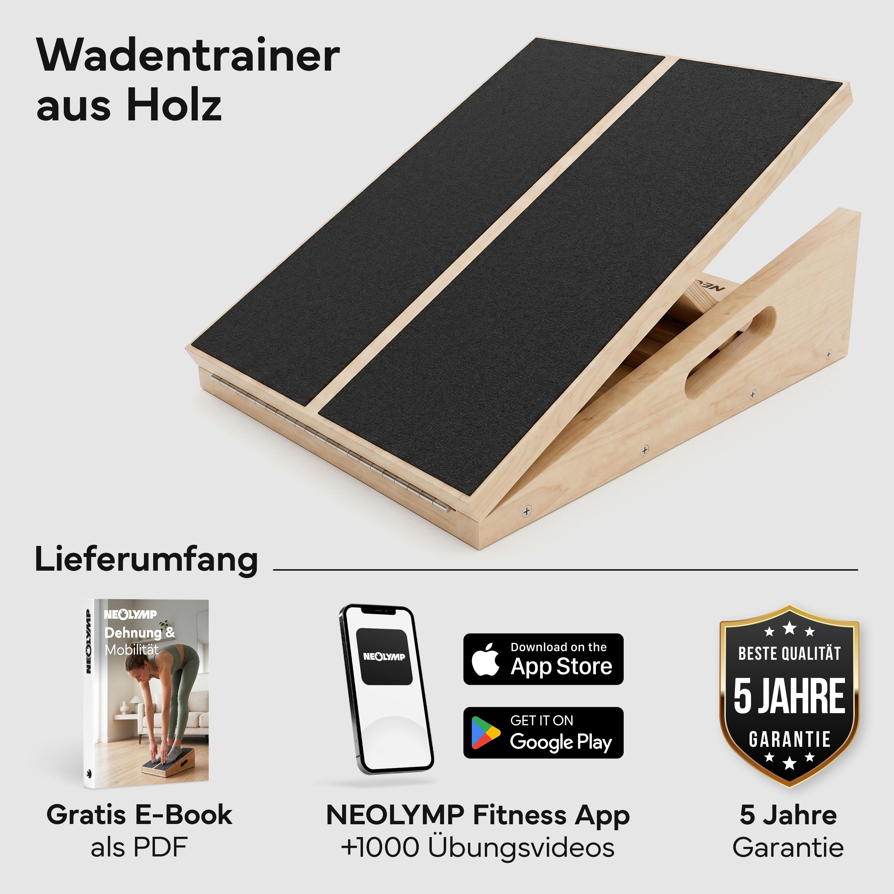 Wadendehner Brett aus Holz mit verstellbarer Neigung und rutschfester Oberfläche.