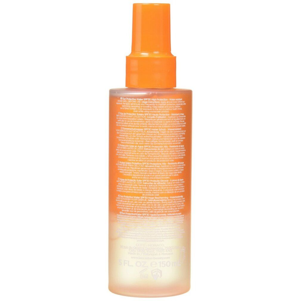 Rückseite der Lancaster Sun Beauty Protective Water SPF30 Flasche. Textinformationen. Orangefarben.