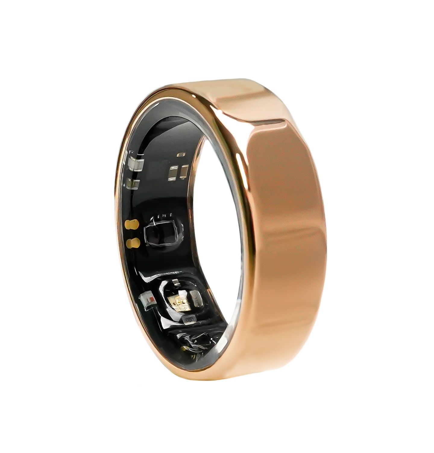 Goldfarbener Ring mit schwarzem Innenleben. Sichtbare elektronische Komponenten. Glänzende Oberfläche.