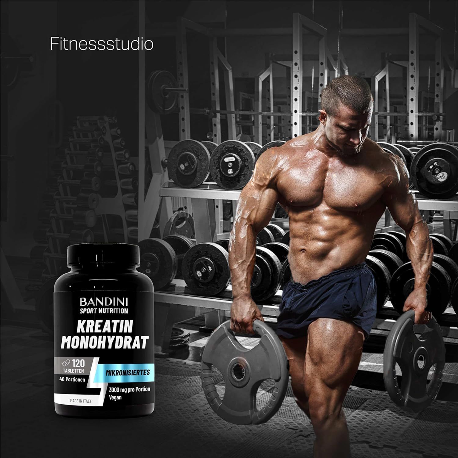 Schwarze Flasche mit weißem Etikett. Aufschrift: Bandini, Kreatin Monohydrat, 120 Tabletten. Muskelmann im Fitnessstudio. Text: Fitnessstudio.