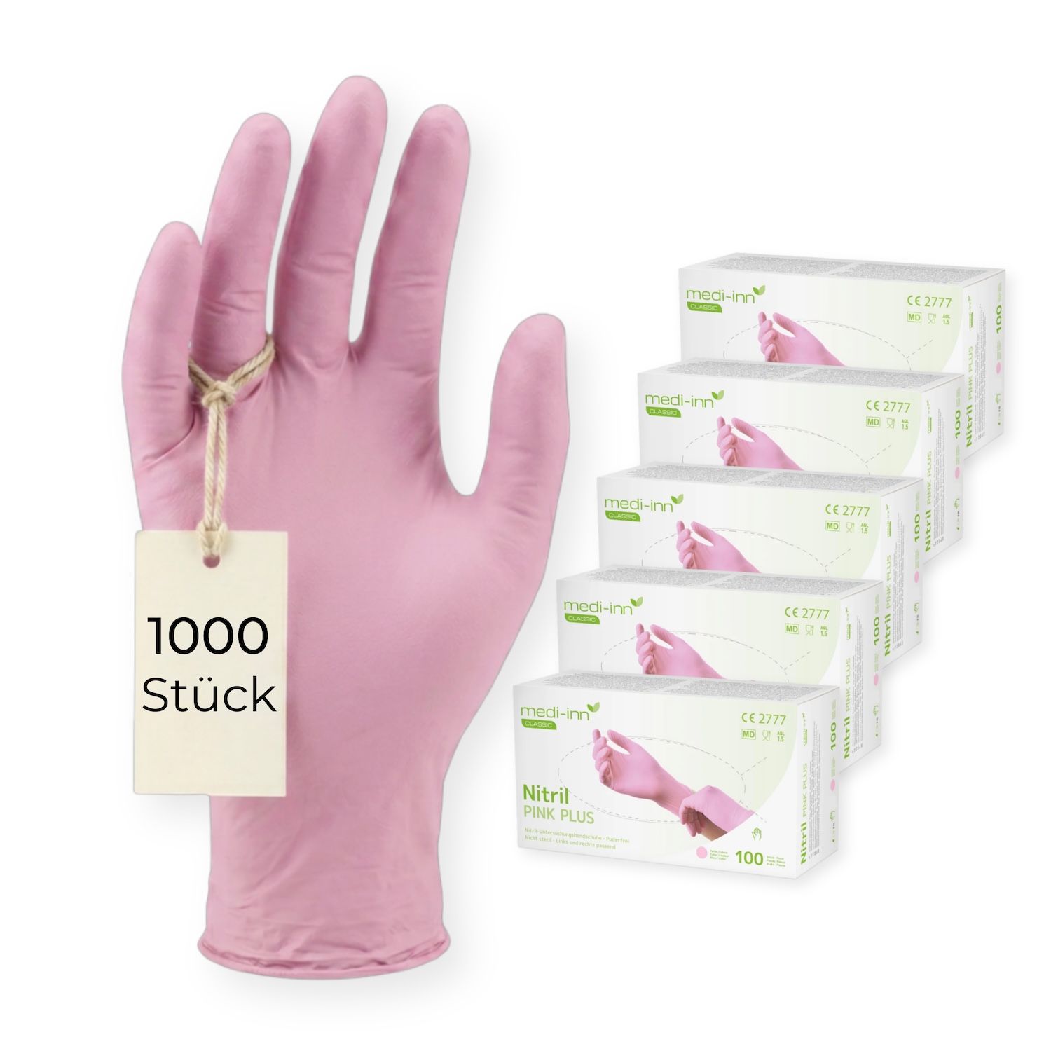 Ein einzelner rosa Nitrilhandschuh mit Etikett '1000 Stück' und 5 Packungen.