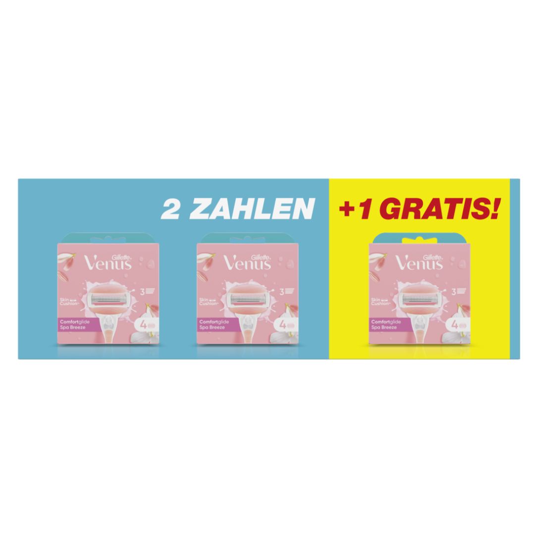 Drei Packungen Rasierklingen. Aufschrift "Venus". Text: "2 zahlen +1 gratis!". Rosa Verpackung mit Rasierer-Abbildung.