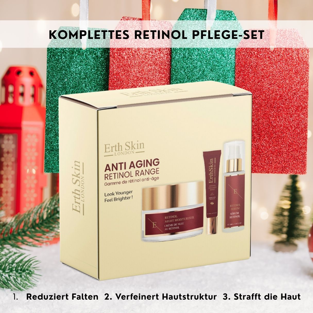 ErthSkin London Anti-Aging Retinol Sortiment Kit Box, umgeben von Weihnachtsdekoration.