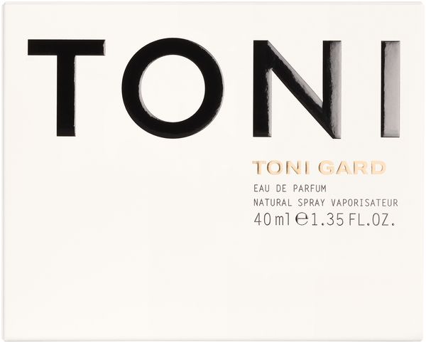 Verpackung von Toni Gard Eau de Parfum. Weißer Karton mit schwarzer Aufschrift TONI und TONI GARD. 40 ml.