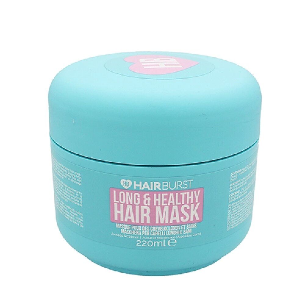 Türkiser Haarpflegebehälter mit rosa Etikett für "Hairburst Long & Healthy Hair Mask", 220ml.