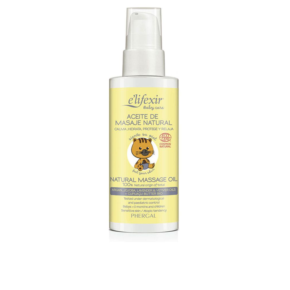 Elifexir Baby Care Massageöl-Flasche mit gelbem Etikett. Enthält Illustration eines Kätzchens. Text: Aceite de Masaje Natural.