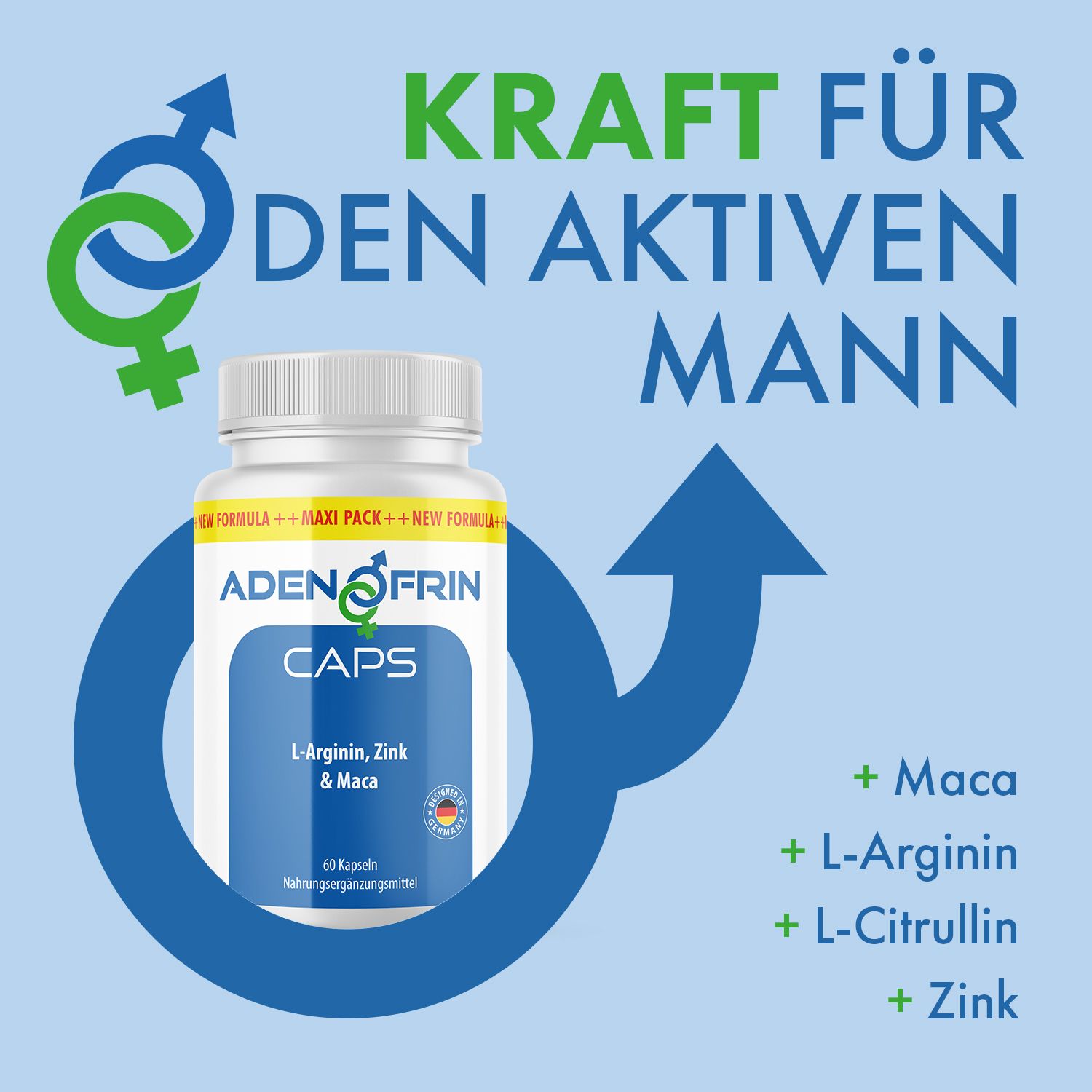Kapseln-Dose mit weißem Deckel und blauem Etikett. Text: Adenofrin CAPS, L-Arginin, Zink & Maca. 60 Kapseln. Männliche und weibliche Symbole.