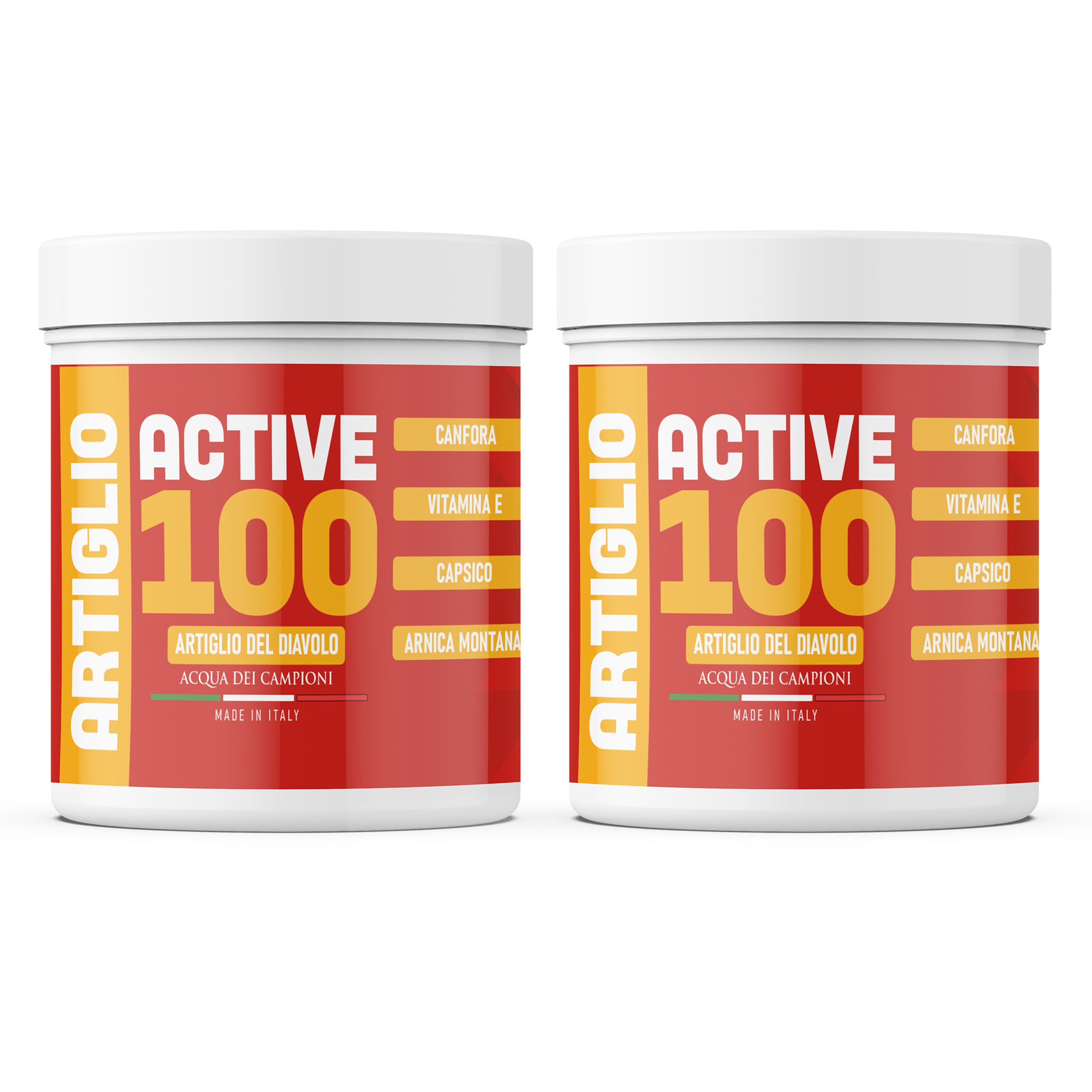 Zwei weiße Dosen mit rotem Etikett. Aufschrift: ACTIVE 100, ARTIGLIO, Inhaltsstoffe. Hergestellt in Italien. Gelbe Schrift auf rotem Grund.