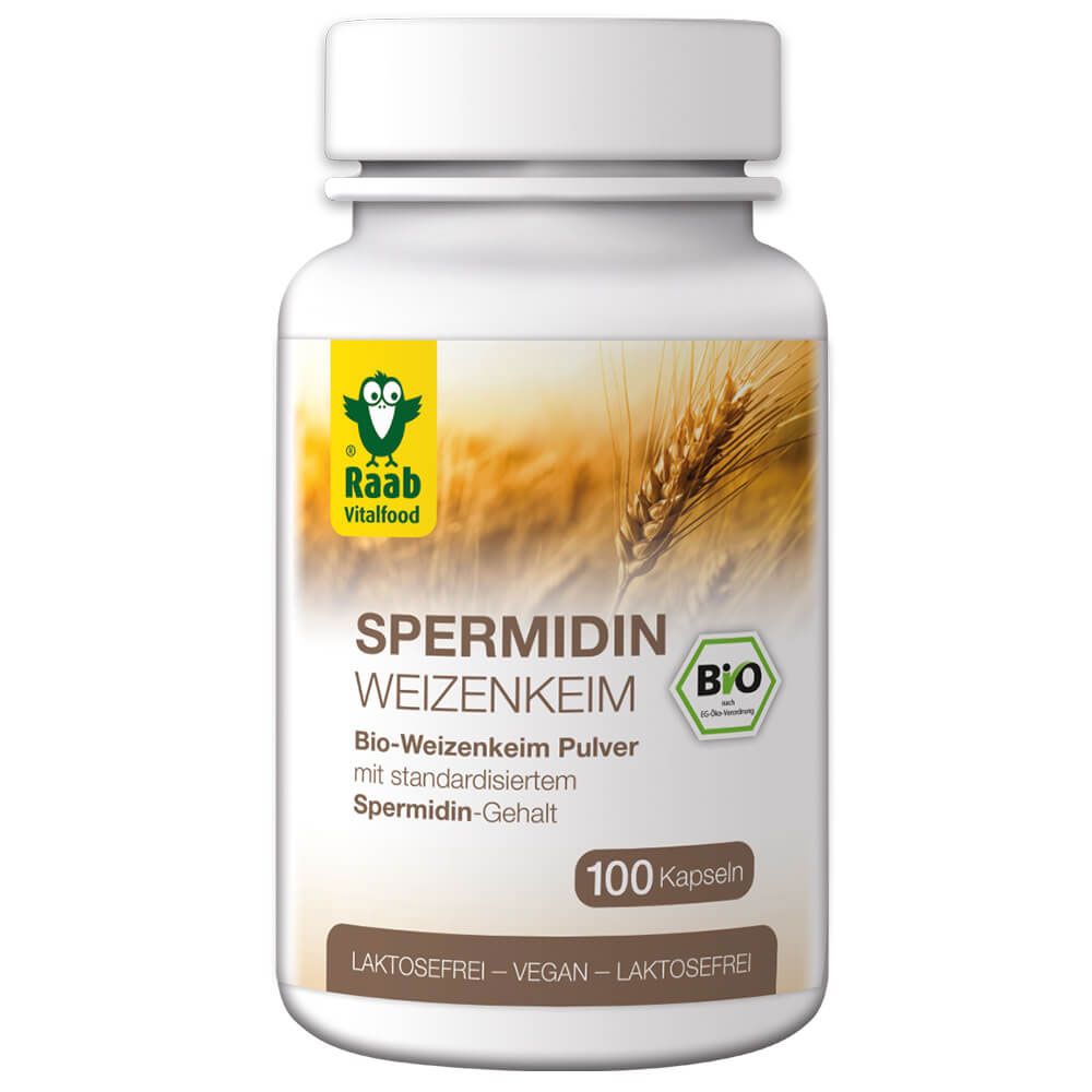 Weiße Flasche mit Kapseln. Aufschrift: Spermidin Weizenkeim, Bio-Siegel, 100 Kapseln. Marke: Raab Vitalfood.