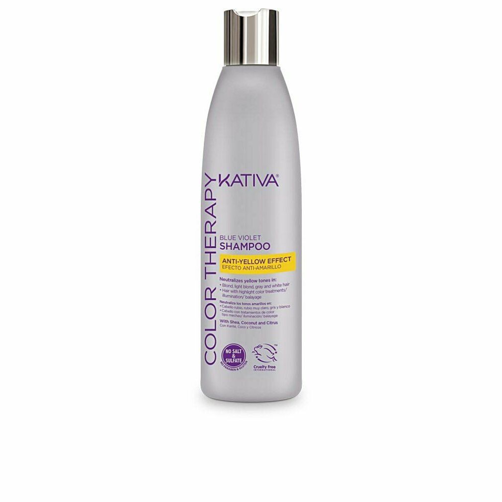 Graue Shampoo-Flasche mit silbernem Deckel. Aufschrift: Kativa, Blue Violet Shampoo, Anti-Yellow Effect. Logo: Cruelty Free.