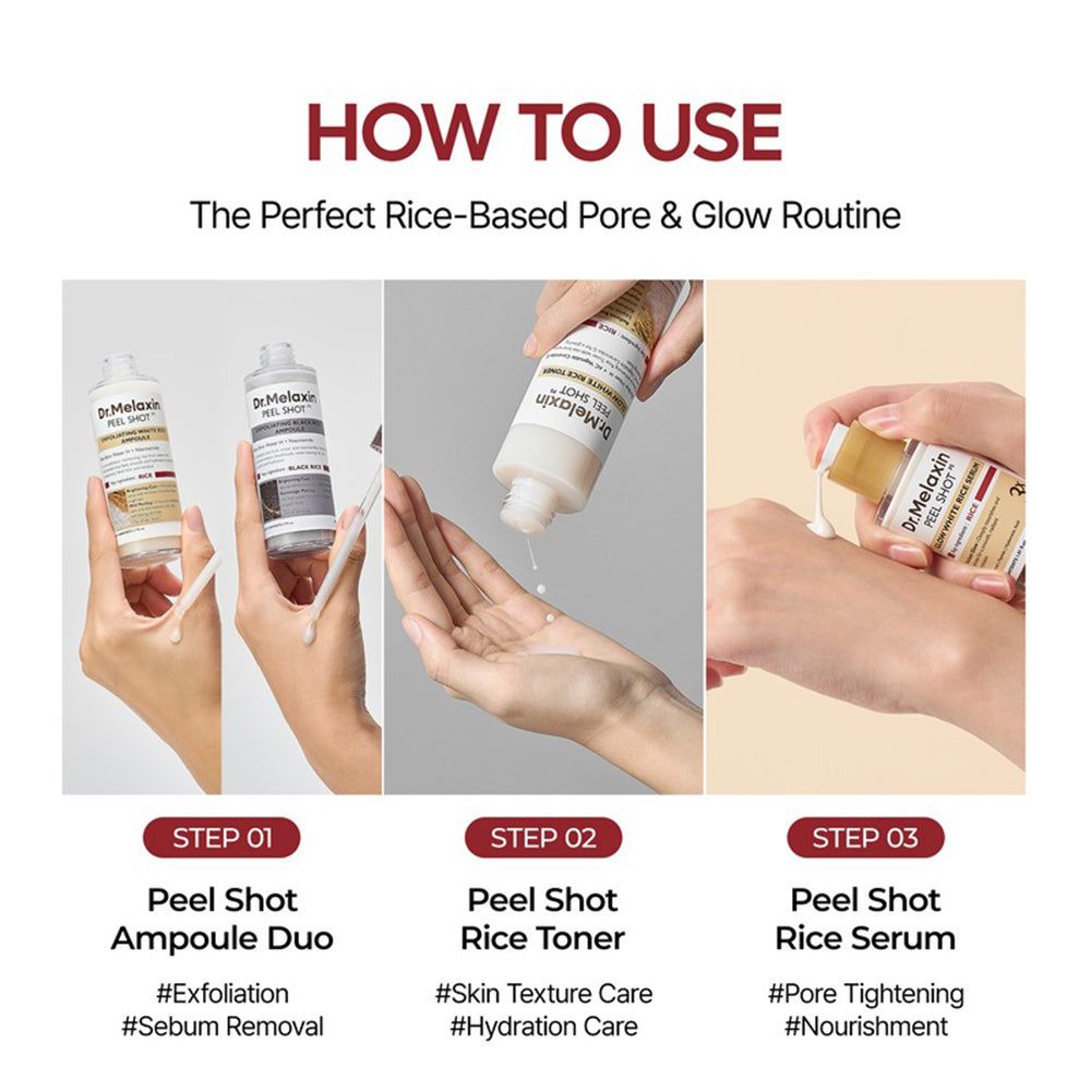 Anleitung zur Anwendung. 3 Schritte: Peel Shot Ampulle, Toner, Serum. Produktname: Dr. Melaxin Peel Shot.